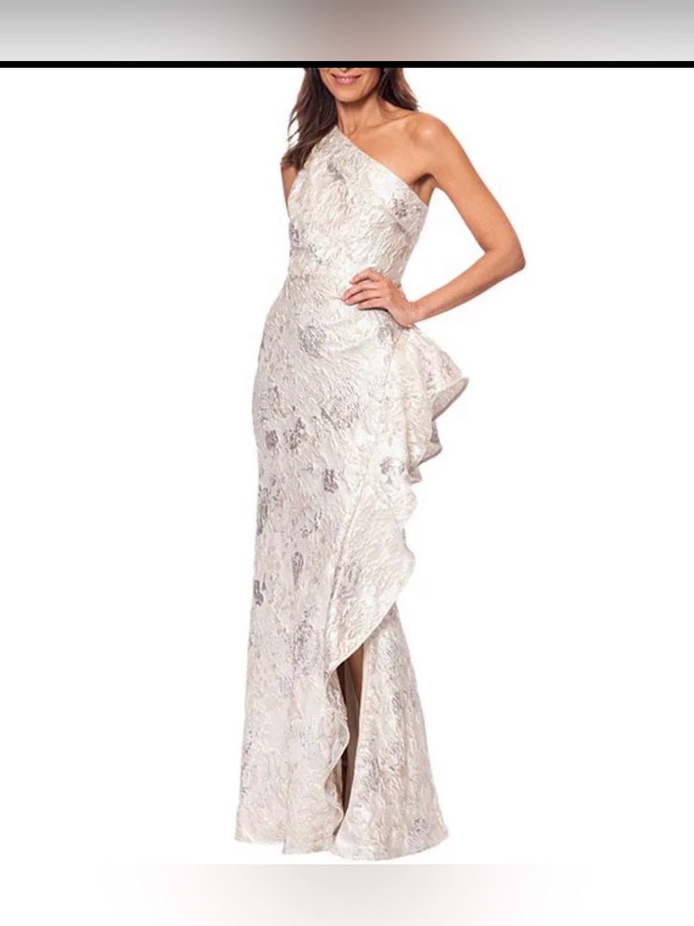 Xscape One-Shoulder Metallic Floral Evening Gown Champagne Gold. Size 14P. NWT - Picture 4 of 15